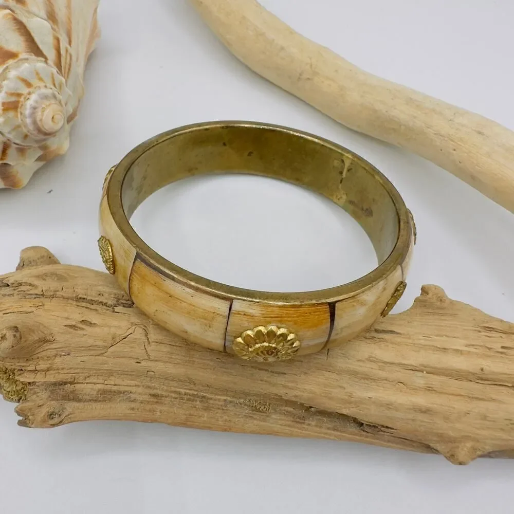 Vintage Brass Bone Inlay Bangle Bracelet